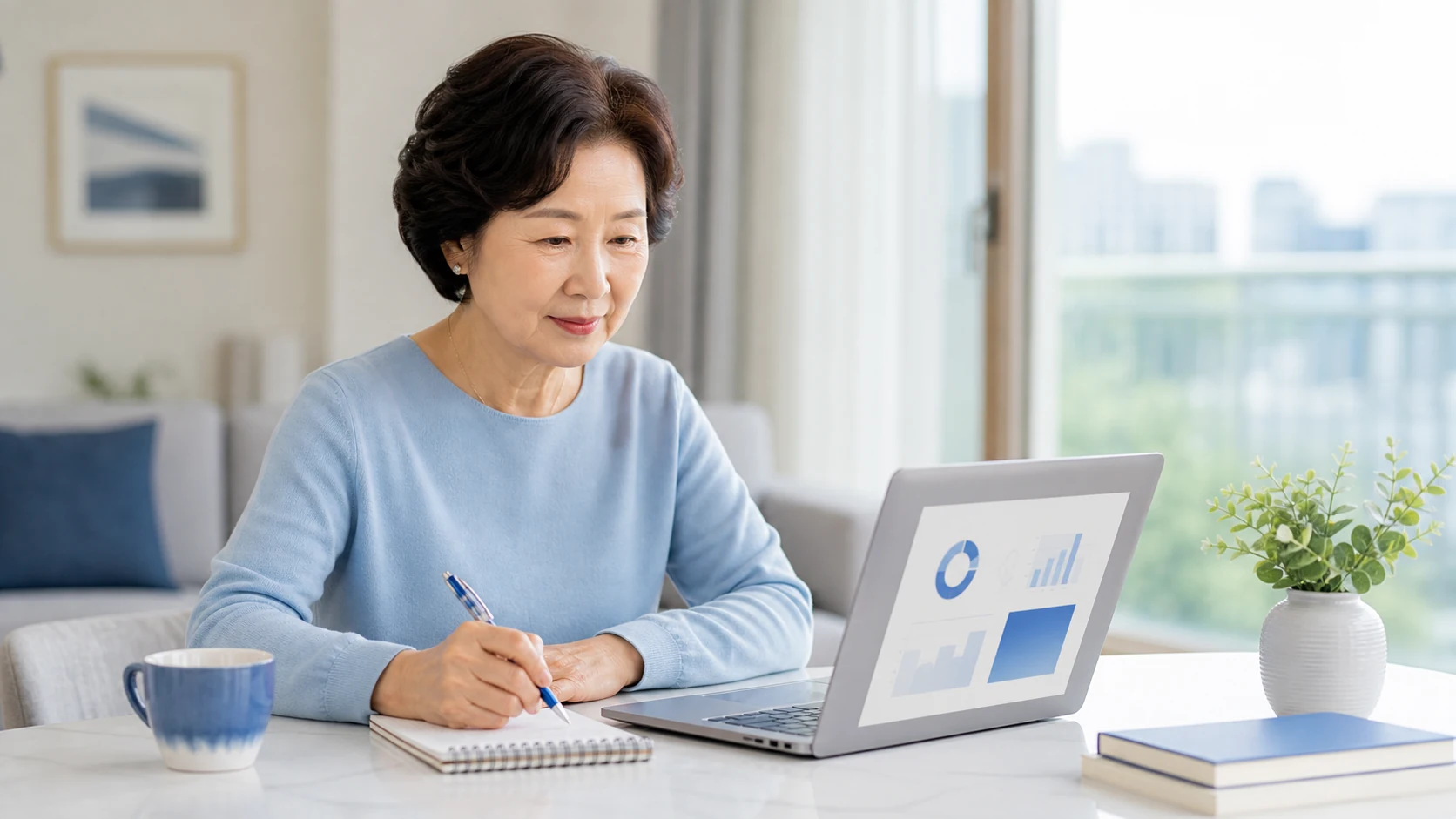 노트북으로 치과 비용 정보를 검색하는 60대 여성의 이미지