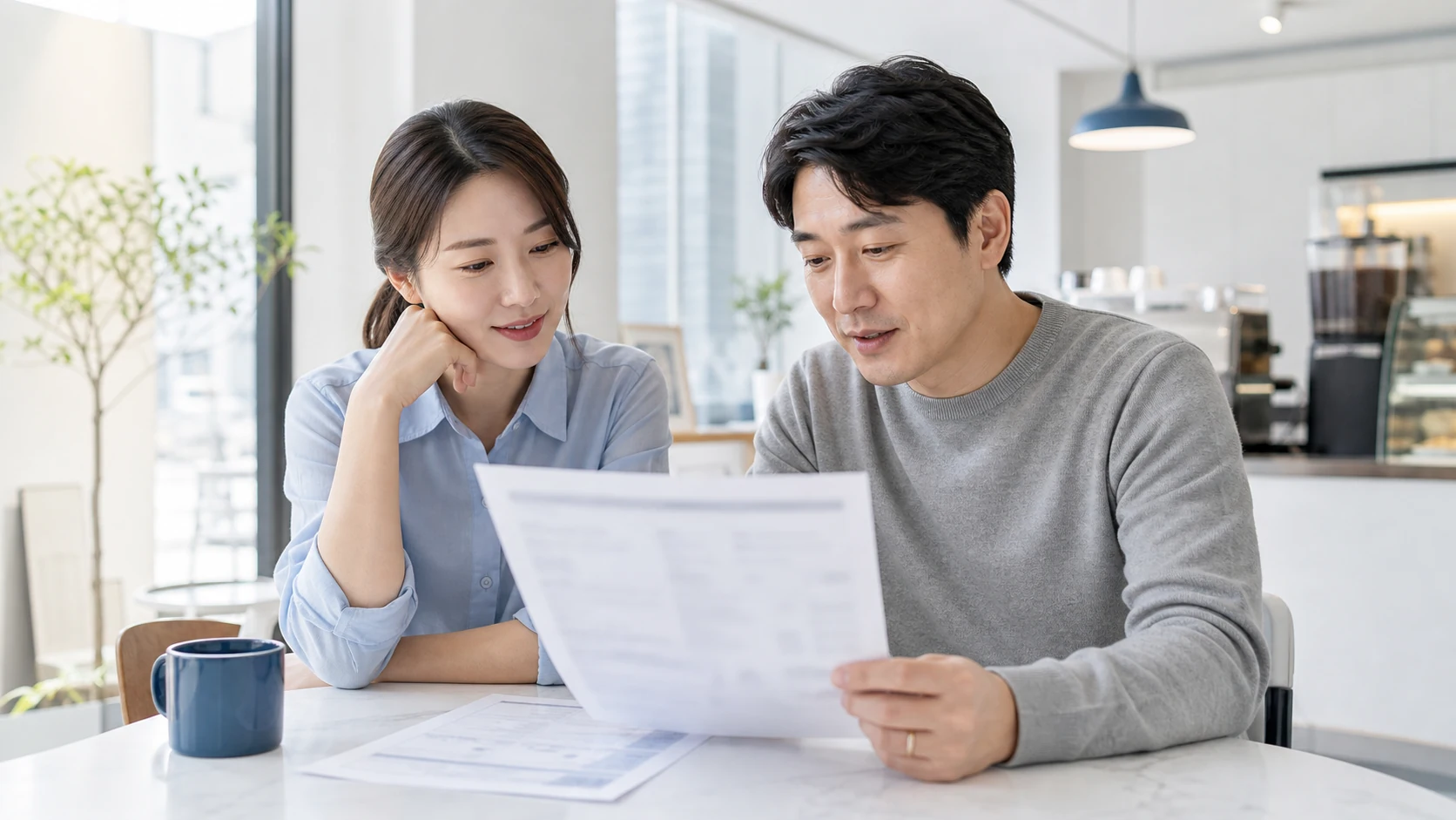 진료비 견적서를 함께 검토하는 부부의 이미지